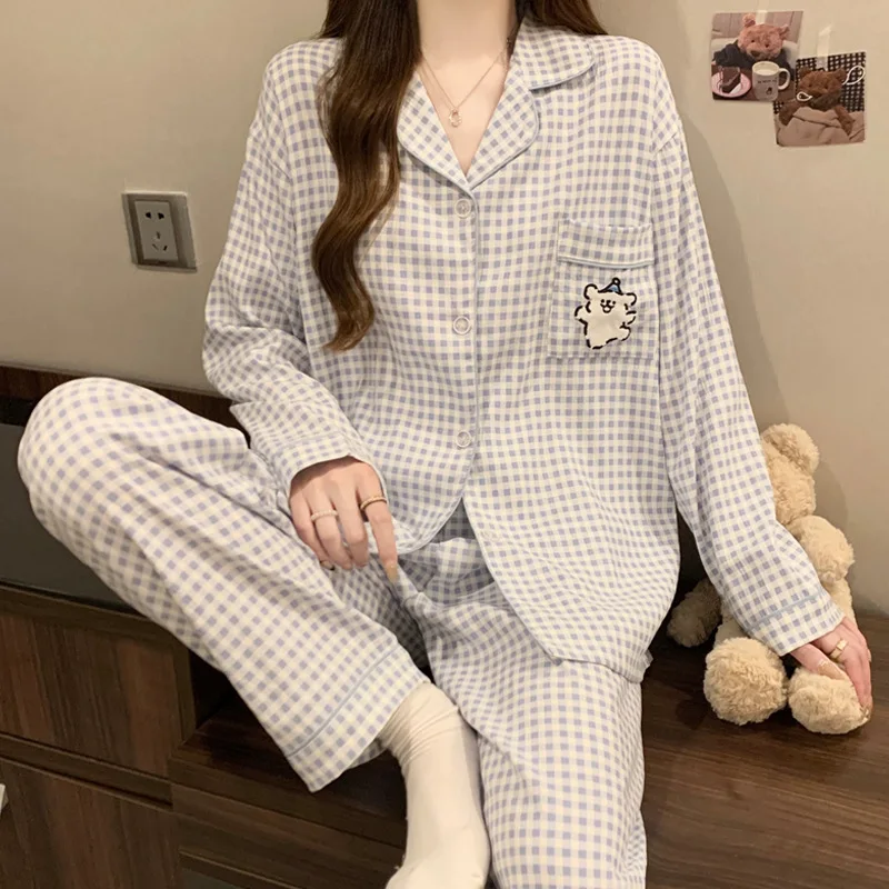 

Fall and Winter Pajama Set Woman Line Plaid Long Sleeve Soft Casual Simple Grid Print Student Loungewear 2 Piece Set Homewear