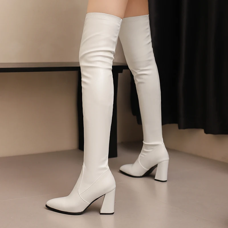 

Elastic Women's Thigh High Boots Block Heels Over the Knee Boot Black White Long Tall Footwear Winter Shoes Ladies Large Size 50