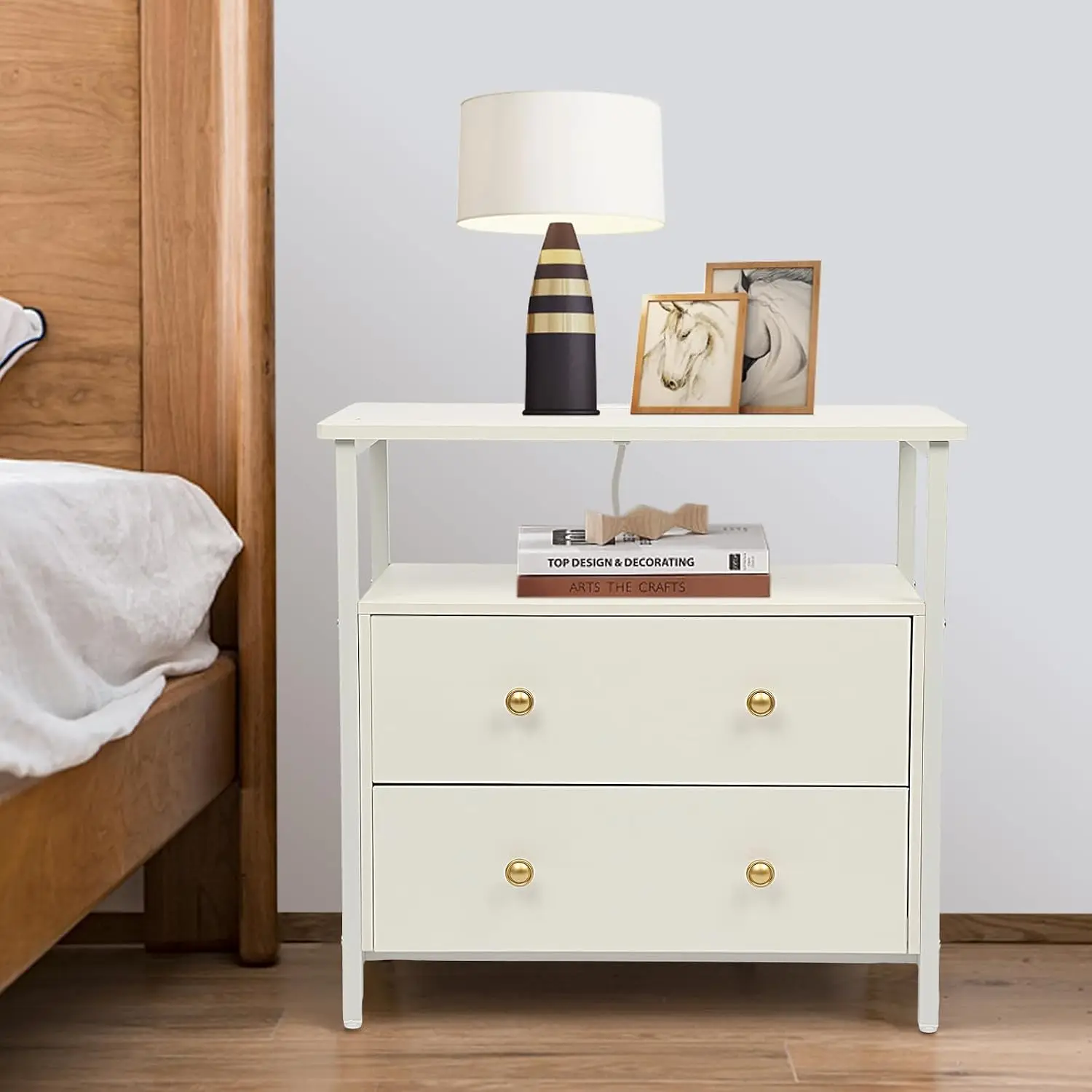 Wood Nightstand With Charging Station, 2 Drawer Bedside Table With Open Shelf, 27 Inch White 2 Pack, Customized