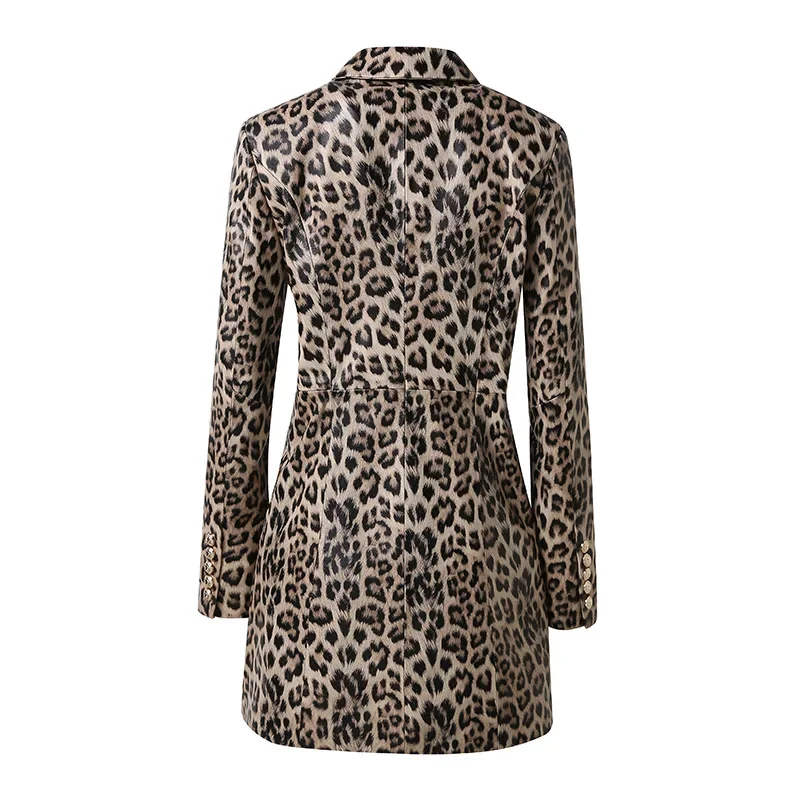 Chaqueta larga de piel de oveja para mujer, abrigo de piel auténtica con estampado de leopardo, a la moda, novedad de 2024