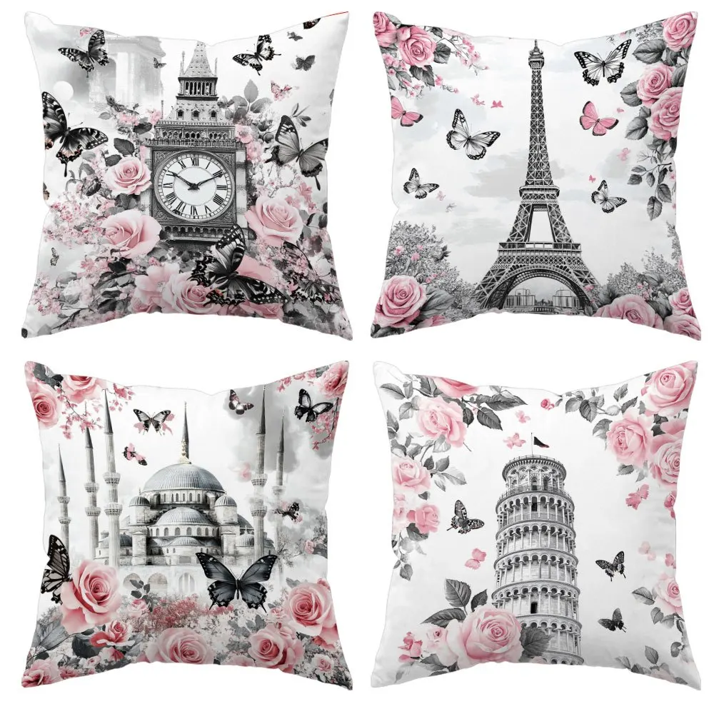 4pcs European Landmark Pillow Covers – Eiffel Tower, Leaning Tower of Pisa & Clock Tower with Pink Roses & Butterflies