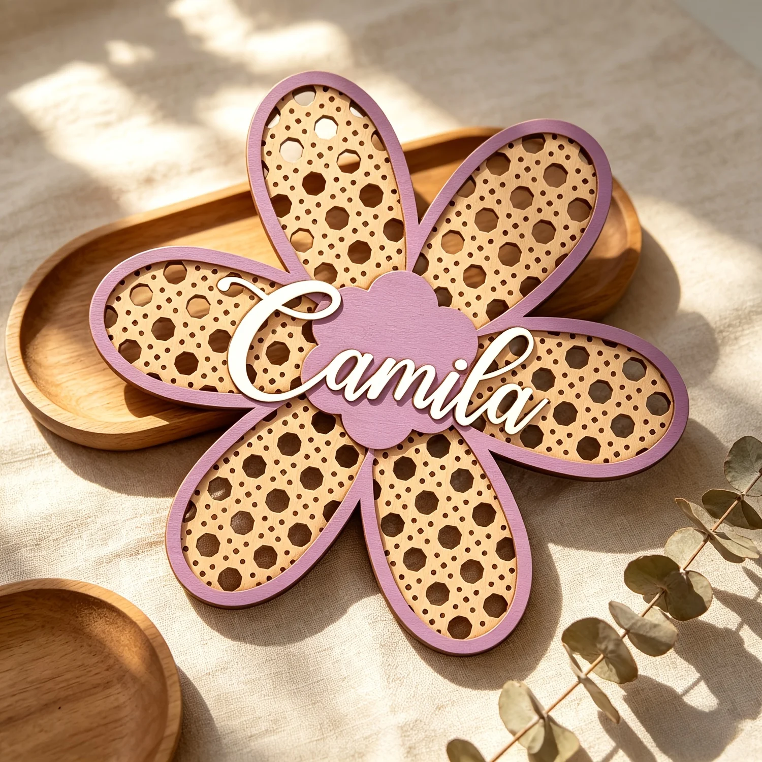 Personalized Boho Rattan Flower Name Sign, Customizable Pink Door Plaque, Nursery Bedroom Decor, Lovely Keepsake - view 5
