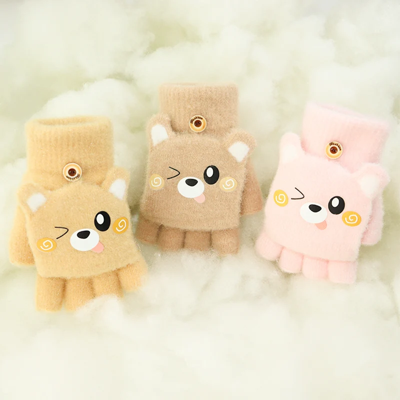 Students' Autumn and Winter Warm Thickened Cute Fingerless Gloves for Writing and Cycling with Flip-Top Half-Finger Design