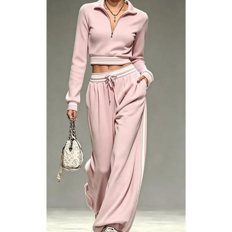 Women's Half Zip Long Sleeve Midriff-baring Top Wide Leg Pants 2 Piece Spring Autumn Fashion Casual Sport Daily Solid Stripe Set