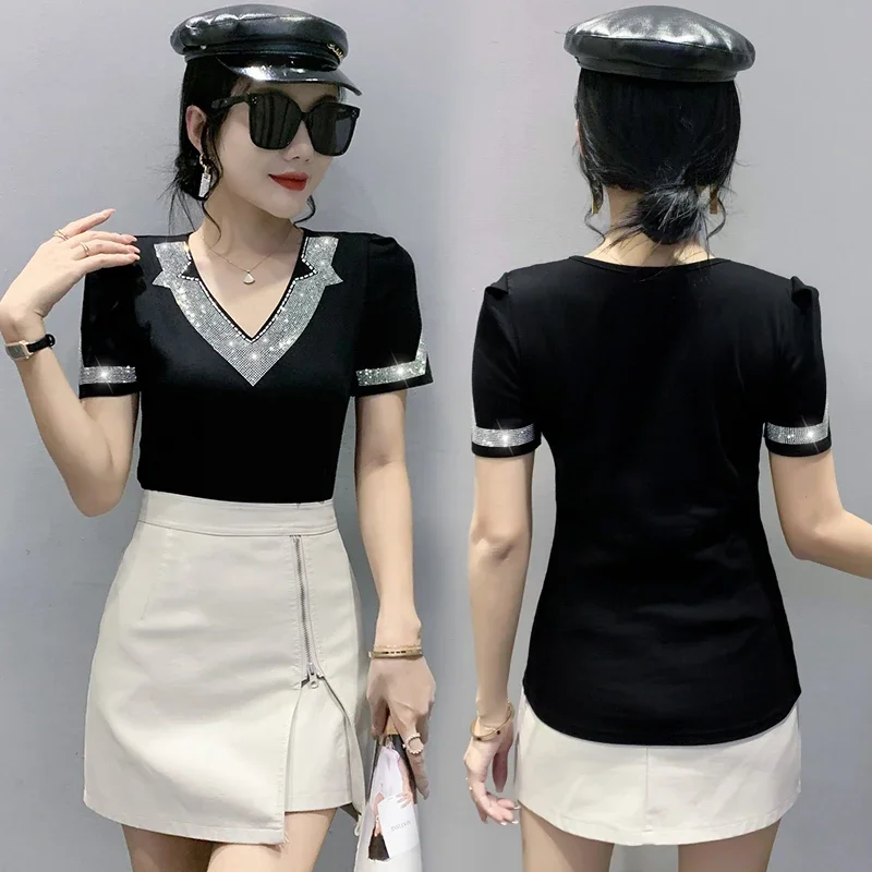 Damska koszulka T-shirt modna dekolt V Hot Diamond siateczkowe topy M-3XL Bluzki odzież nowa kolekcja lato 2025 krótki rękaw