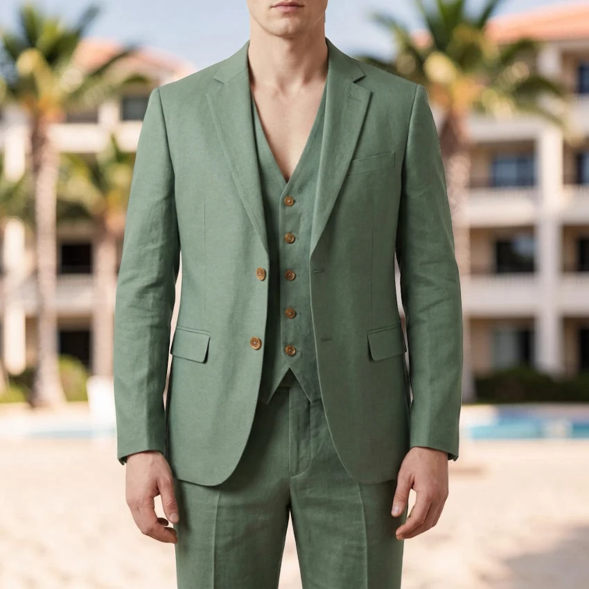

Sage Green Linen Men Suit for Wedding Beach 3 Pieces Slim Fit Groom Tuxedo for Groomsmen Wear Prom Party (Jacket + Pants + Vest)