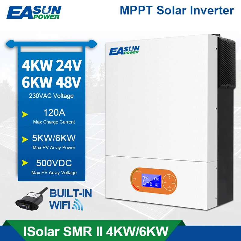 EASUN POWER Solar Hybrid Inverter 4KW 24V 6KW 50Hz/60Hz Hybrid Inverter 230VAC Pure Sine Wave 120A MPPT NO Battery Work inversor