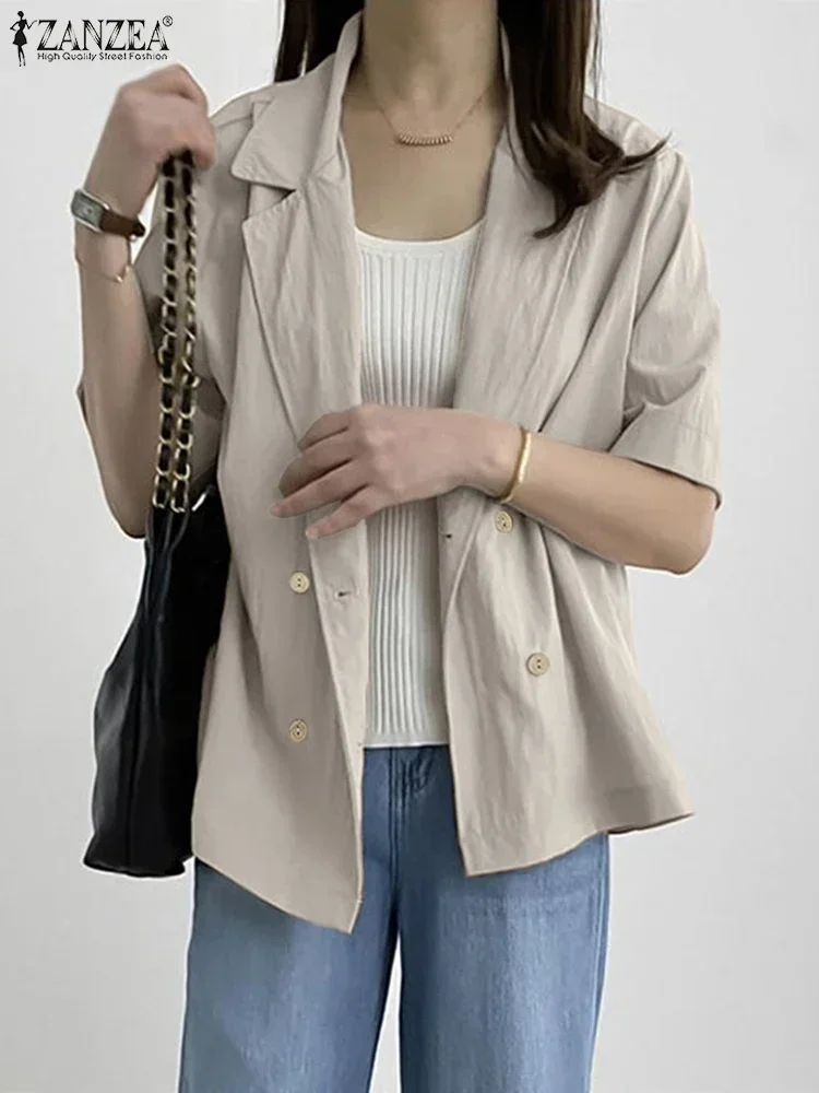 

ZANZEA женский тонкий пиджак, летние рубашки, мода 2025 года, двубортное однотонное пальто, повседневные свободные рубашки, элегантный офисный топ