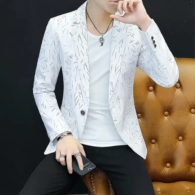 Autumn 2024 New Men's Fashion Print Men Casual Business Blazer Mens Slim Suit Jacket White Male Thin Coat