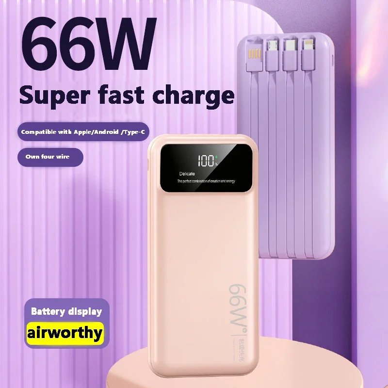 66W 20000mAh Large Capacity Portable Power Bank Super Fast Charge Mobile Powerbank with Line For iPhone 15/14/13 Samsung Laptop