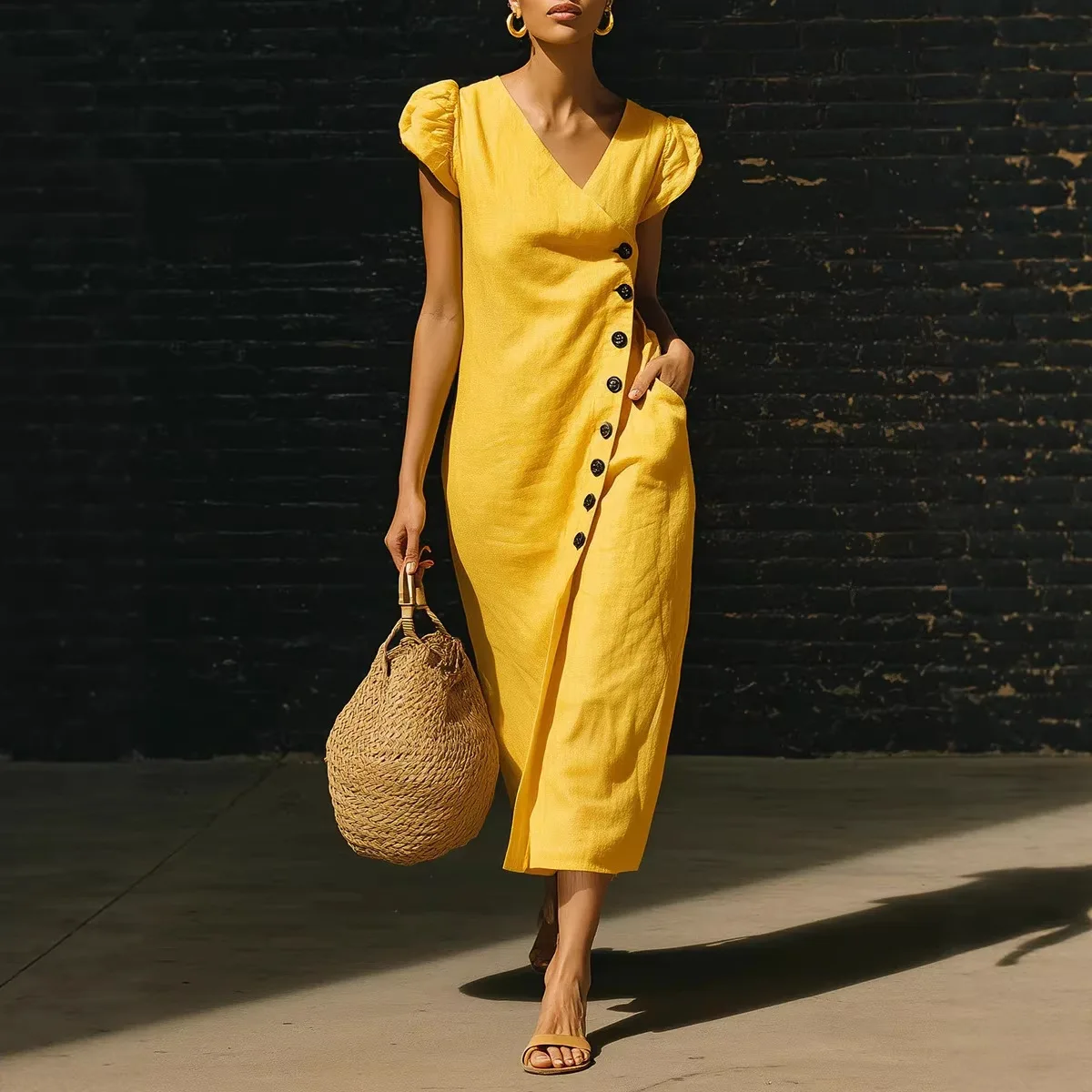 

Sexy V-neck Short Sleeved Long Dress Women's Loose Puff Sleeve Irregular Button Hight Waist Dress Casual Seaside Vacation Dress