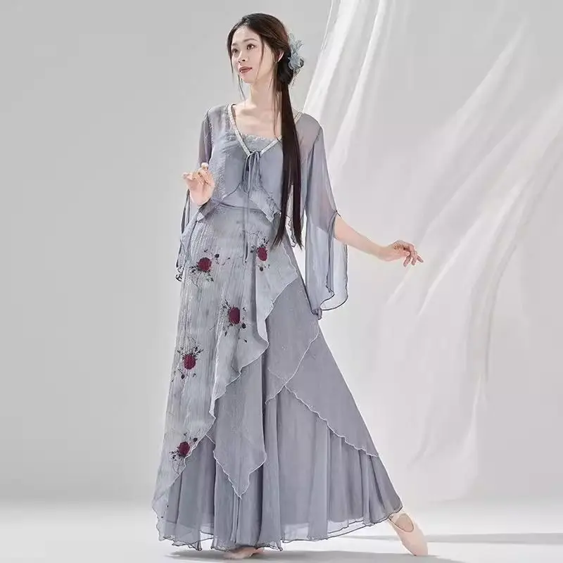 [エレガントなガーゼスカート]女性用の新しいクラシックダンス衣装、エレガントなシフォンドレス、ワンピースシフォンスカートパンツ、中国風