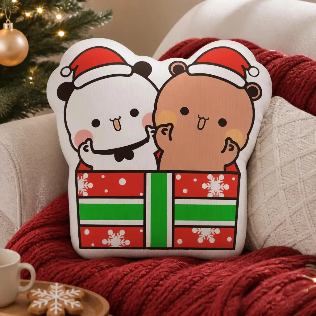 Christmas Bear Couple Shaped Pillow Cute Santa Hat Gift Cushion Stuffed Throw Pillow for Sofa Holiday Home Decor Winter Theme