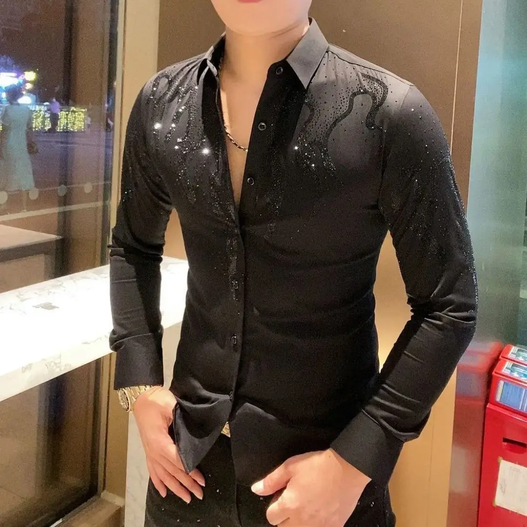 Men's Rhinestone Long Sleeve Shirt Spring Summer Thin Casual Fashion Top