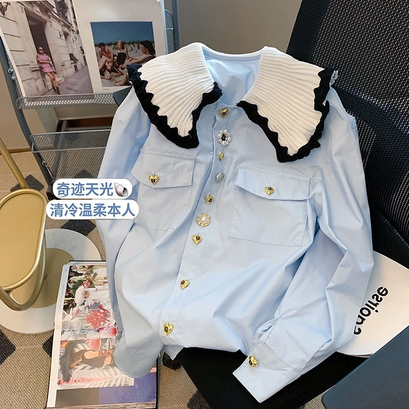 Blue Doll Shirt Women Chic Blusas Femininas Elegant Spring Retro Button Tops Patchwork Blouse Collar Korean Shirts Lady Mujer