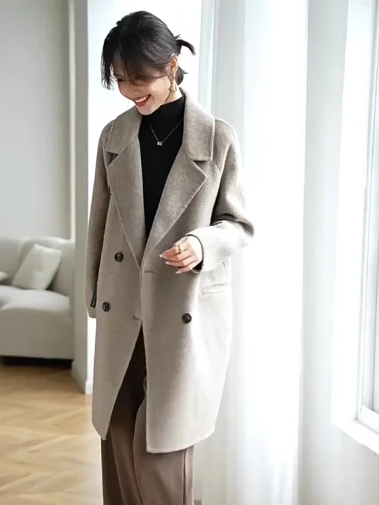 

Woolen Coat Women Autumn Winter 2025 New Elegant Wool Women Temperament Double Breasted Mid-Length Casual Fashion Outerwear Lady