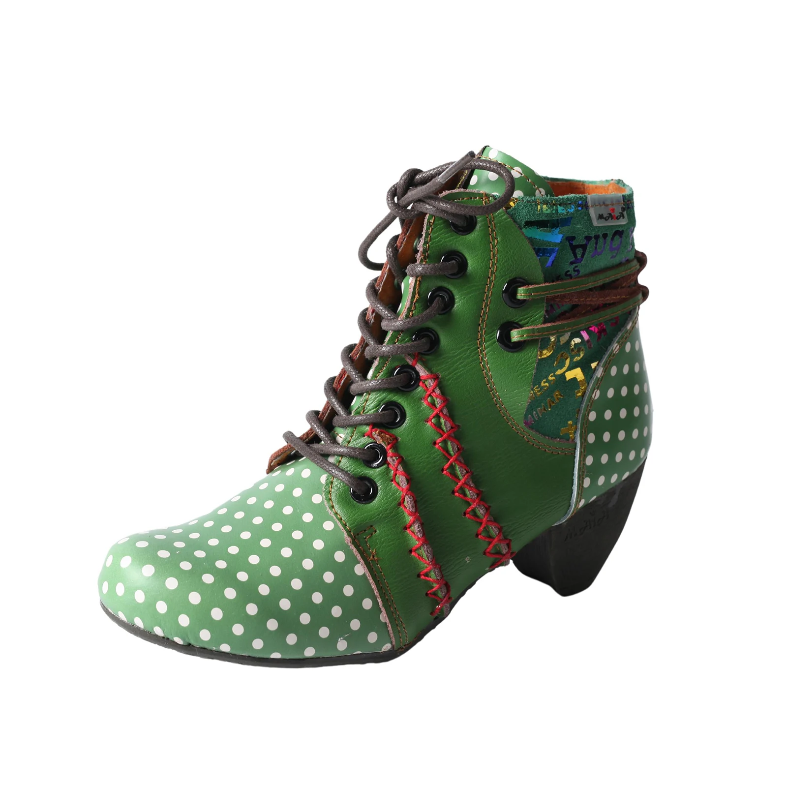 Polka Dot Leather Women Boots with Moccasin Hand Stitching