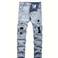 Pantalones vaqueros elásticos para hombre, ropa de calle con agujeros de retales rasgados, pantalones informales con cintura elástica, pantalones rectos ajustados