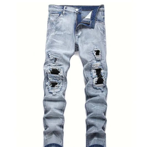 Pantalones vaqueros elásticos para hombre, ropa de calle con agujeros de retales rasgados, pantalones informales con cintura elástica, pantalones rectos ajustados