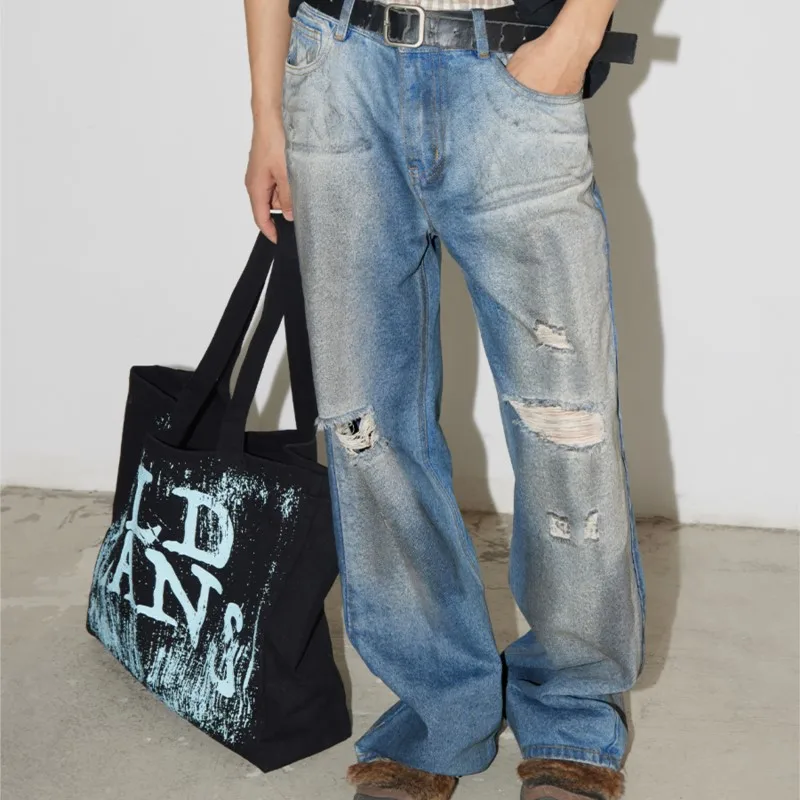 

Wasteland Style Wear Pants Stain Distressed Ripped Washed Dirty Dyed Jeans Men's and Women's Trousers