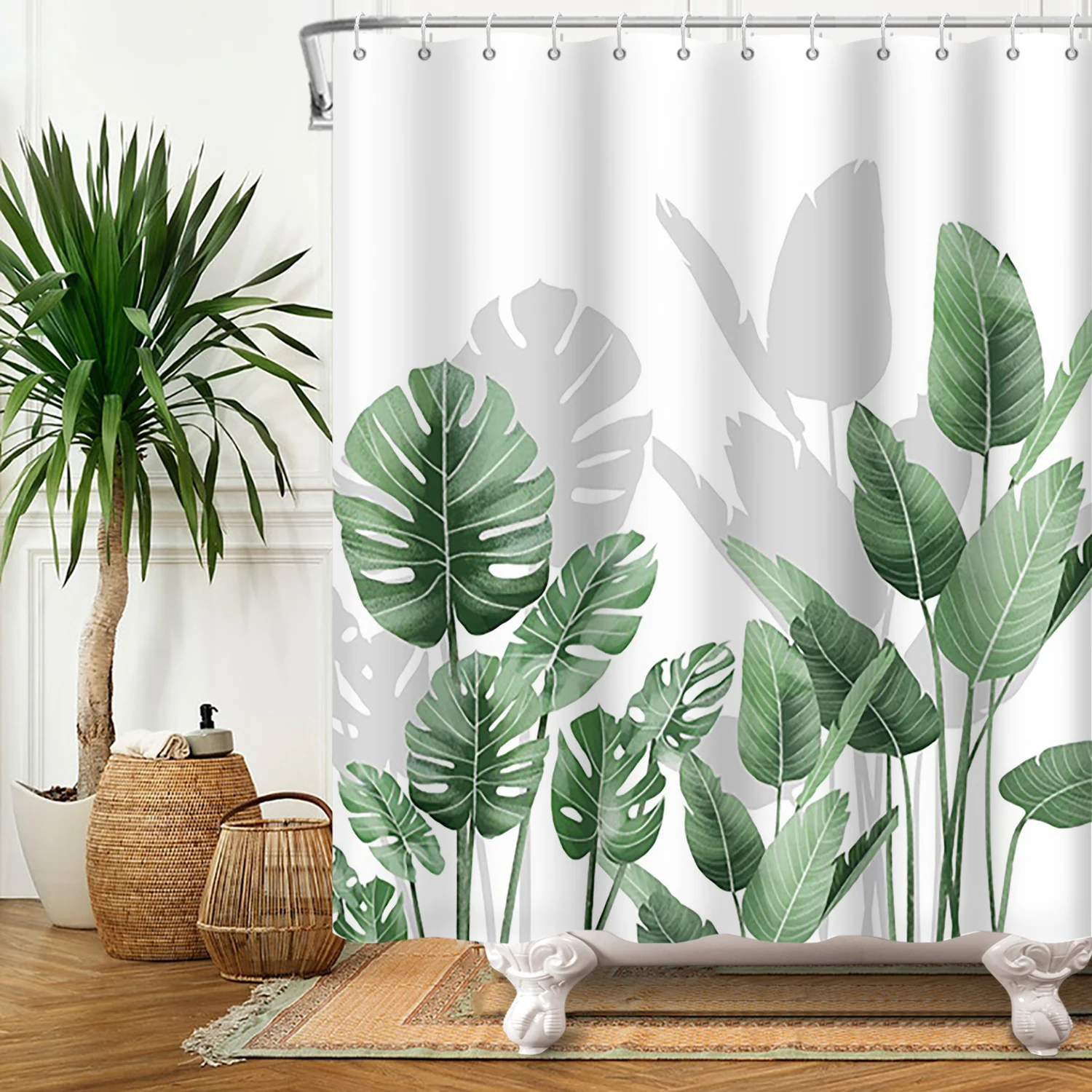 

Tropical Leaves Shower Curtains Palm Leaf Watercolor Plant Bath Curtain Polyester Fabric Modern minimalism Bathroom Decor Hooks