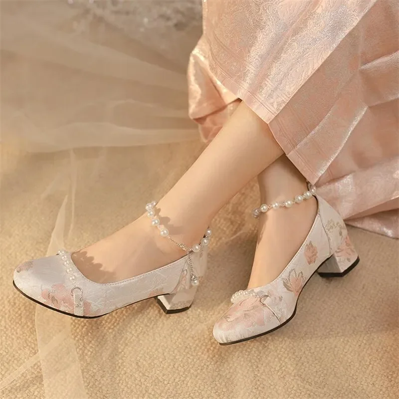 Girls High-heeled Shoes Pearl Children Chunky Heel Wedding Shoe Fashion Kids Loafers