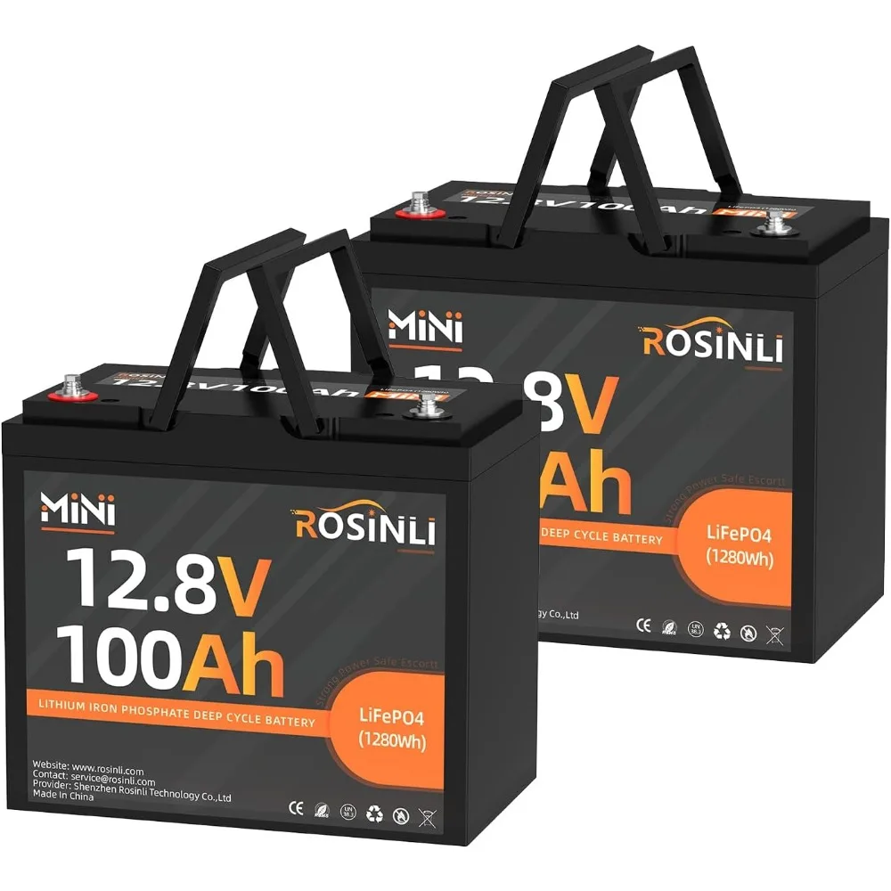 2Pack 12V 100Ah Mini LiFePO4 Battery, Smaller than Group 24 Built in BMS, 4000-15000 Deep Cycles, 10-year Lifetime for RV, Troll