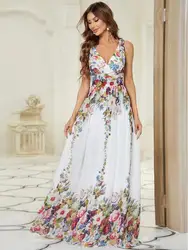 Elegant Evening Dresses Long Double V-Neck Maxi Long Sleeveless Gown 2024 Ever Pretty of Chiffon Cream Printed Prom Women Dress