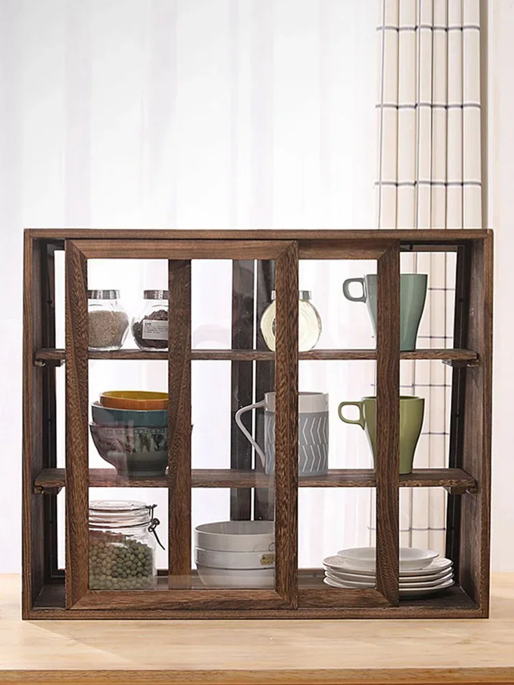 Solid wood display cabinet tea cup tea set dust cosmetics sideboard shelf storage cabinet cupboard tea cabinet