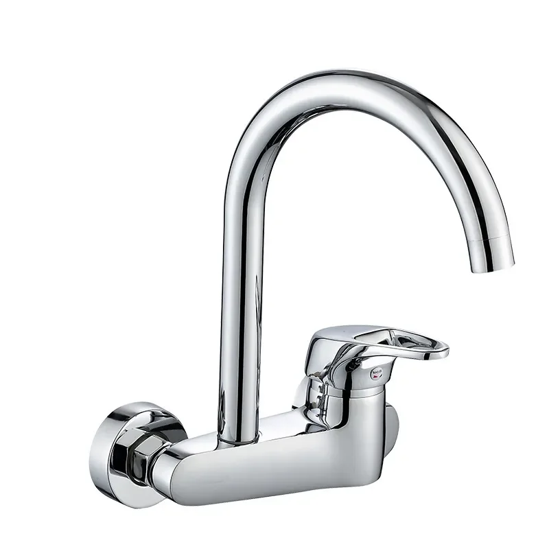 Copper Wall‑Mounted Kitchen Faucet, Double Hole Rotatable Large Curved Spout Hot & Cold Vegetable Basin Tap For Manufacturer