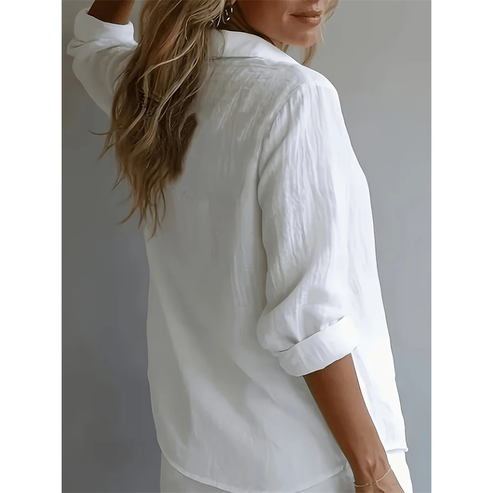 Damen Langarm Lose Passform Baumwolle-Leinen-Hemd Einfarbig Modisch Schlichter Stil Atmungsaktiv Leicht Lässige Oversize-Hemden – Detail 4