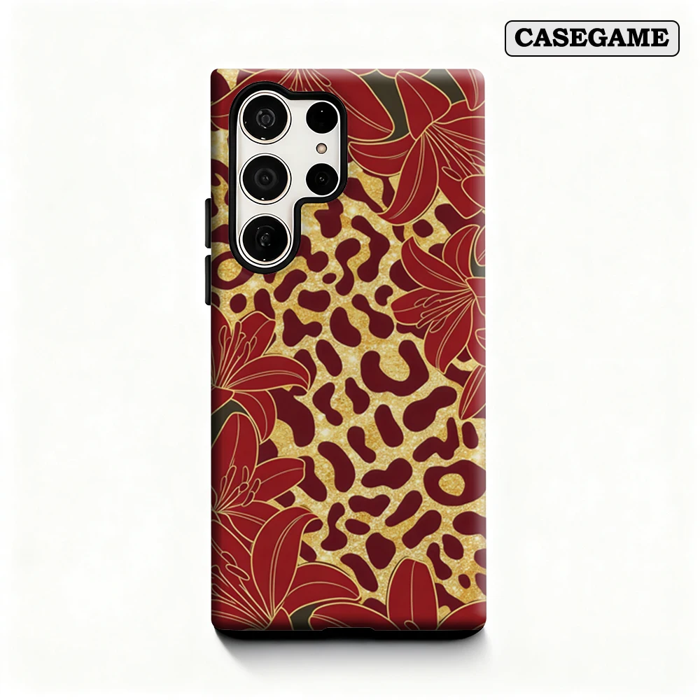 Casegame Phone Case for Samsung Galaxy S25 S26 Ultra S24 S23 Ultra Plus Shockproof Double Layer Leopard Lily Glam Cover