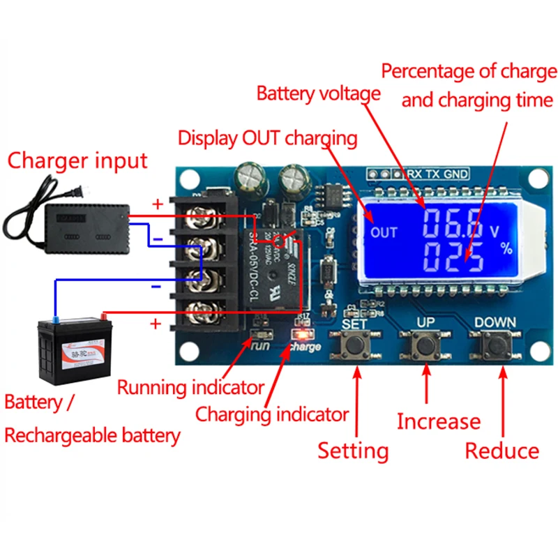 Display LCD Batteria al litio al piombo Accumulo Modulo di controllo carica batteria Scheda di protezione carica Interruttore 6-60V 10A L10A