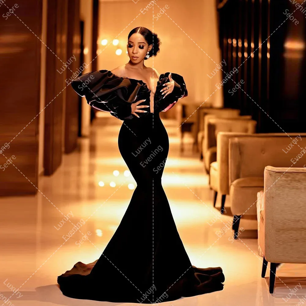 Sexy African Black Mermaid Evening Dresses Woman's Pleat Long Sleeve Off the Shoulder Plus Size Prom Gowns Formal Fashion Party