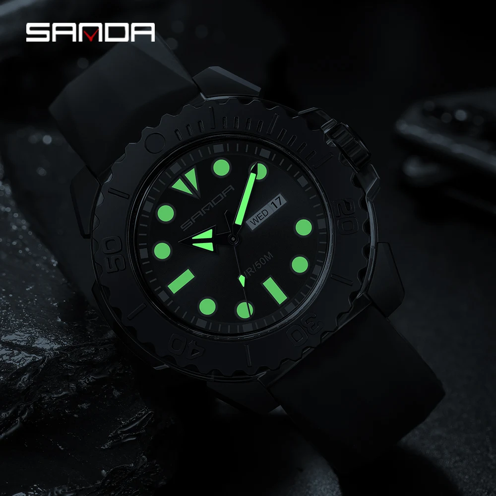 SANDA Casual Fashion Mens Quartz Wrist Watch Silicone Strap Weekly Calendar Display 2023 Fashion New Men Watch Reloj Hombre 3118