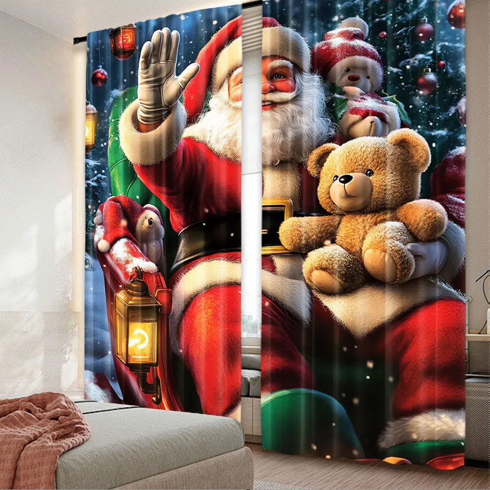 2Pcs Classic Santa Claus Bear Sleigh Pattern Curtains Suitable For Patio Garden Bedroom Bathroom Living Room