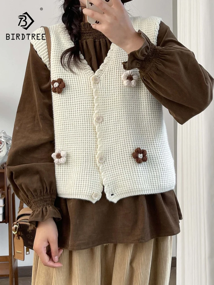 

Новый осенний хлопковый жилет 2025 года, женский кардиган на молнии с v-образным вырезом и 3D цветочным принтом, милый вязаный жилет Mori Girl в консервативном стиле T5O614CC