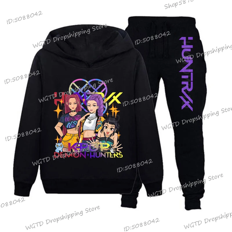 

Y2K толстовки KPop, штаны для охотников на демонов, комплект из 2 предметов для мальчиков и девочек, модная детская одежда с принтом корейского аниме, спортивный костюм