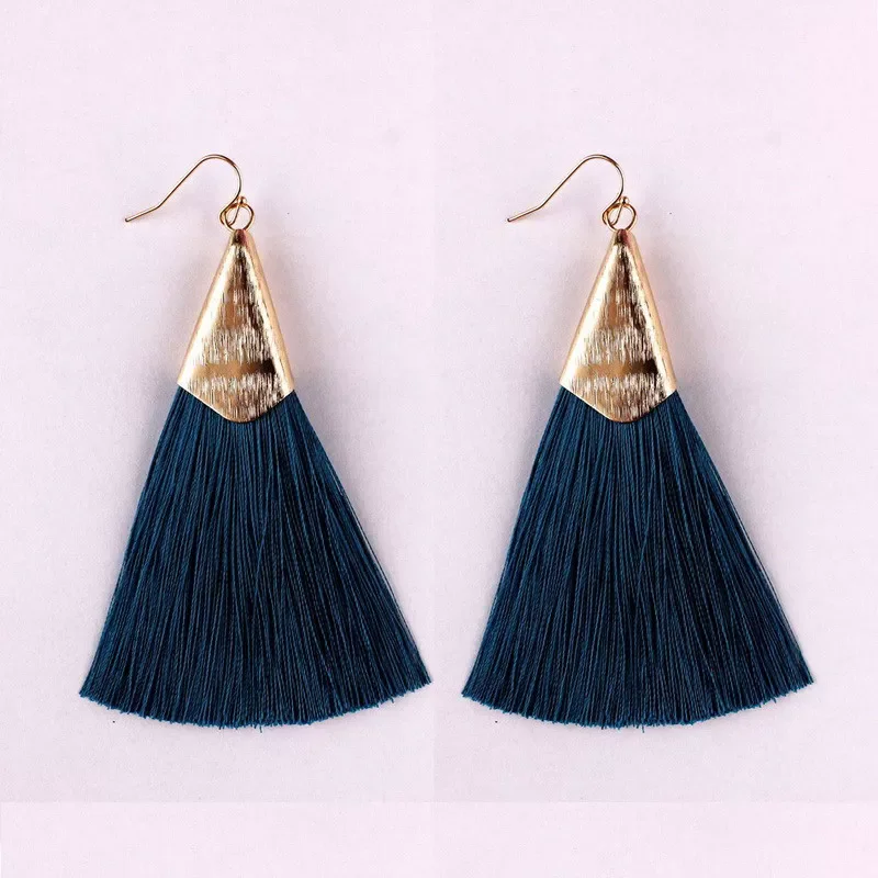 Gold Metallic Smoothly Triangle Arrowhead Fringe Silk Tassel Dangle Drops Statement Earrings for Women BOHO Design Tassel