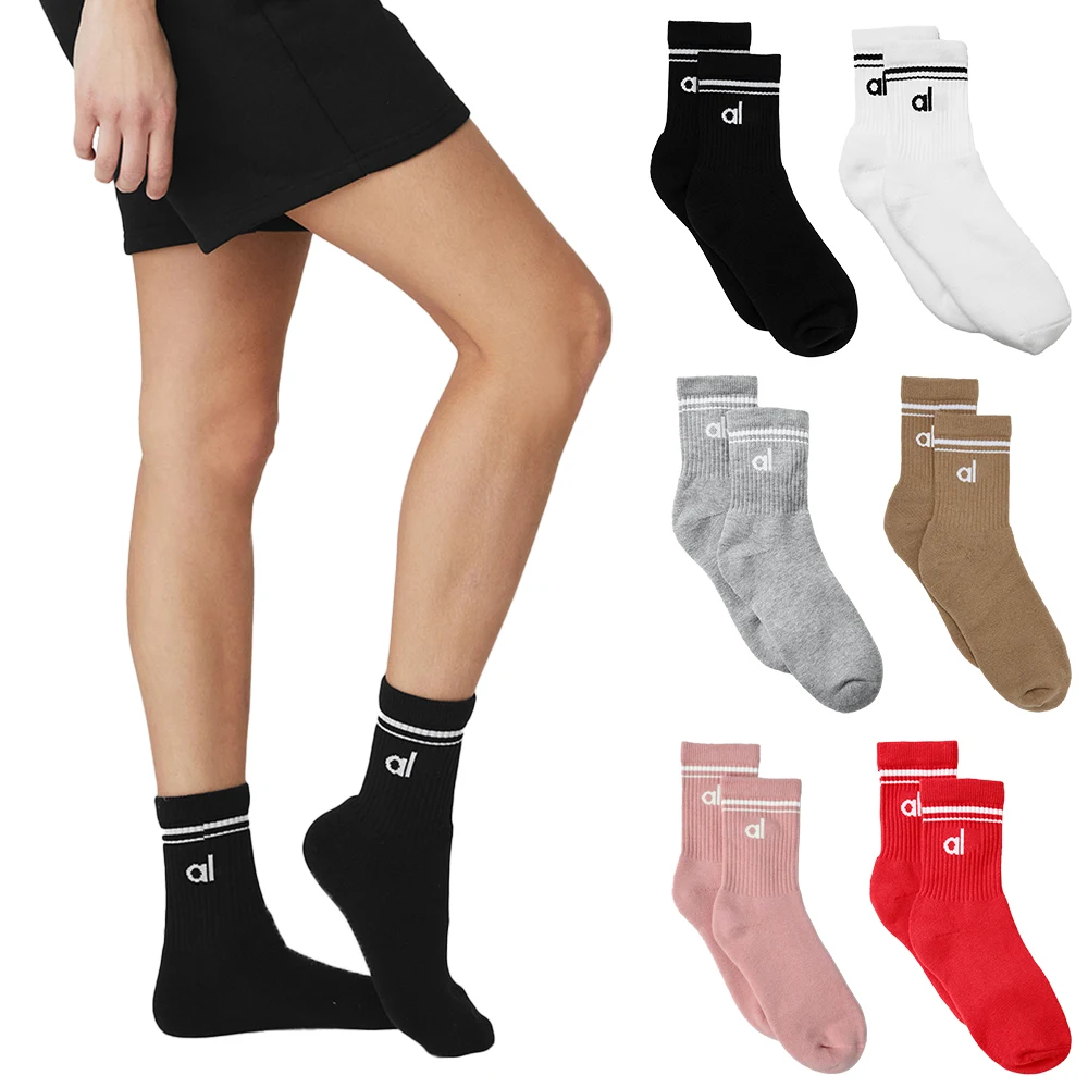 AL Socks Women Cotton Socks for Yoga Sports Medium Socks Pilates Fitness Socks Classic Stripes Soft Socks