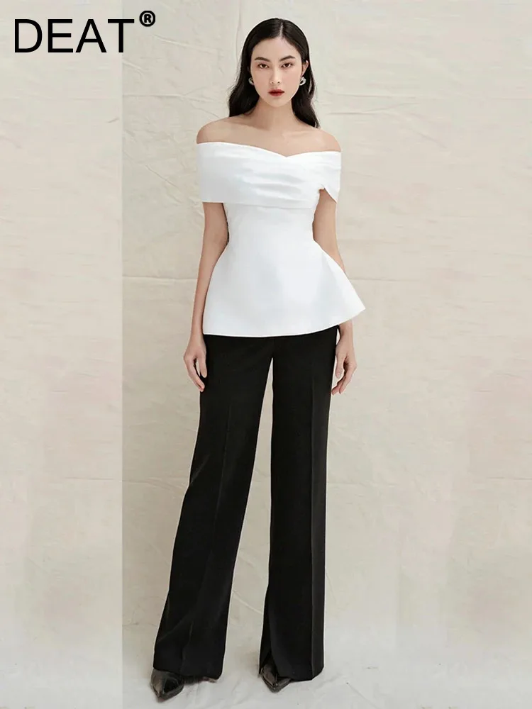 DEAT Womne's 2 Pcs Set Waist Cross Pleated Slash Neck Backless Solid Color Top Straight Leg Pants Suit Spring 2024 New 13DB5005