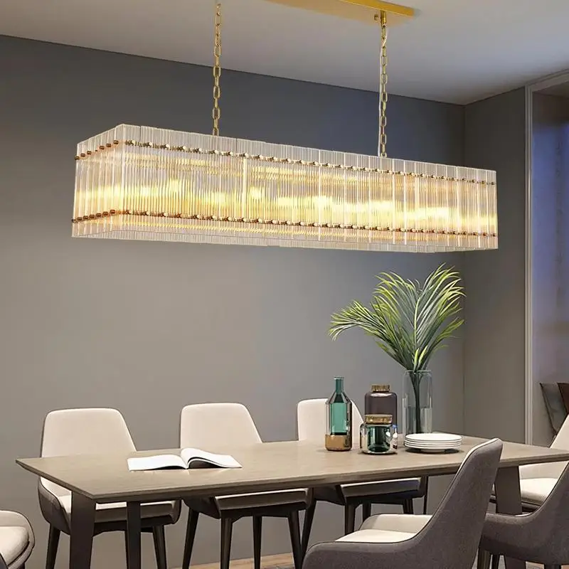 Modern Rectangular Crystal Chandelier, 10-Light Gold Pendant Light Fixture for Dining Room, Living Room, Kitchen Island