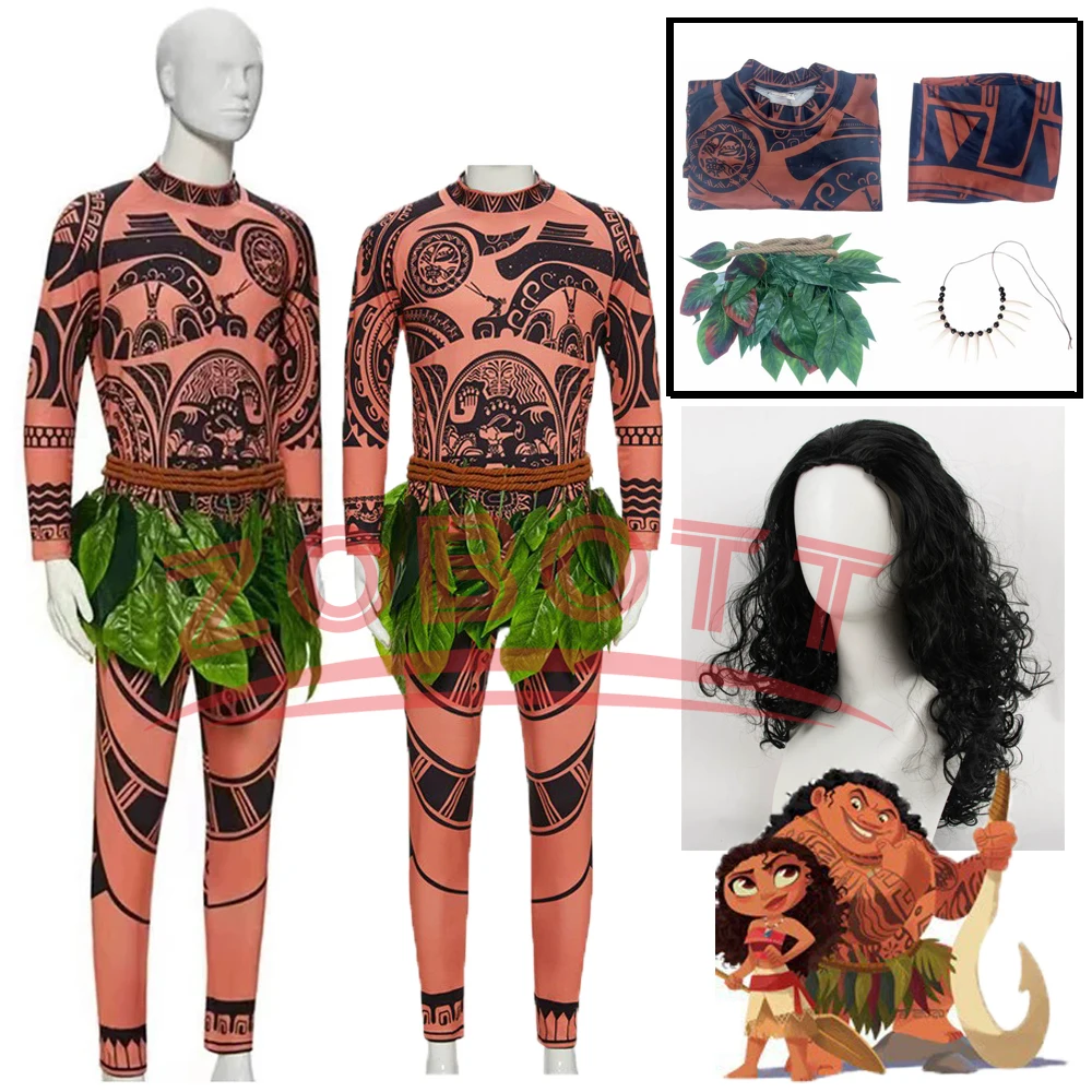 Moana Maui Cosplay Kostüm Halloween Erwachsener Junge Mädchen Cosplay Tattoo Kleid Karneval Outfit Männer Frauen Jungen Mädchen Tops + Hosen + Perücke