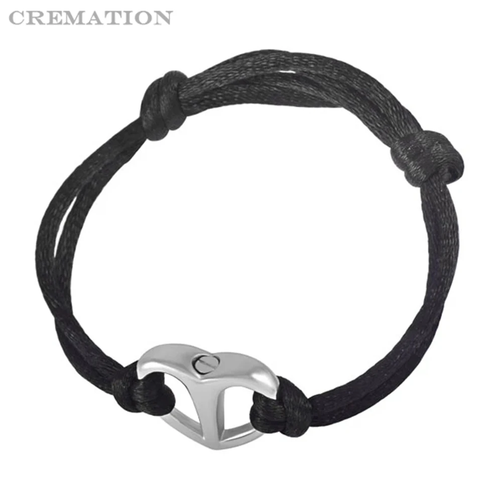 CMB5020 Black Rope Cremation Bracelet with Shiny Stainless Steel Heart Urn Ashes Jewelry Adjustable Expandable Bangle