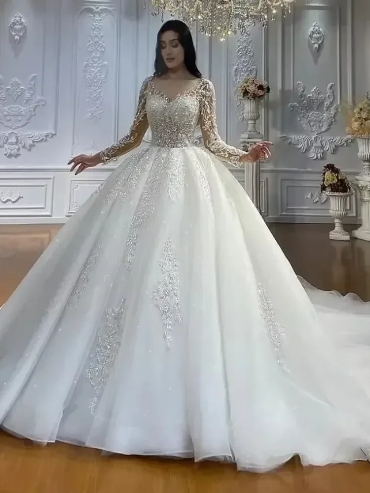 Maßgeschneidertes Luxus-Hochzeitskleid mit Illusionsausschnitt, langen Ärmeln, Spitzenapplikationen, Perlen, Brautkleid, Robe Mariage, Vestidos De Novia