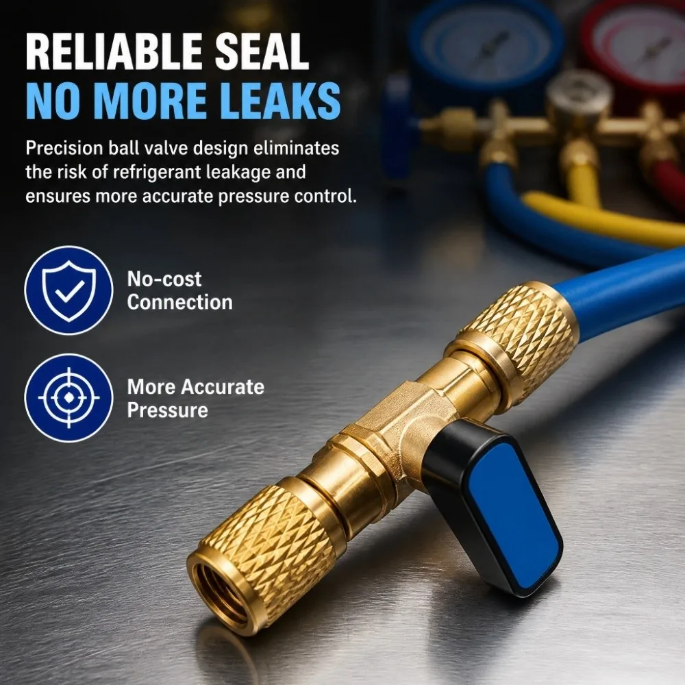 Brass Refrigeration Ball Valve 1/4 SAE Female R410A R134a Flow Control Valve G1/4in Interior Valve Core Shut-Off Valve Adapter