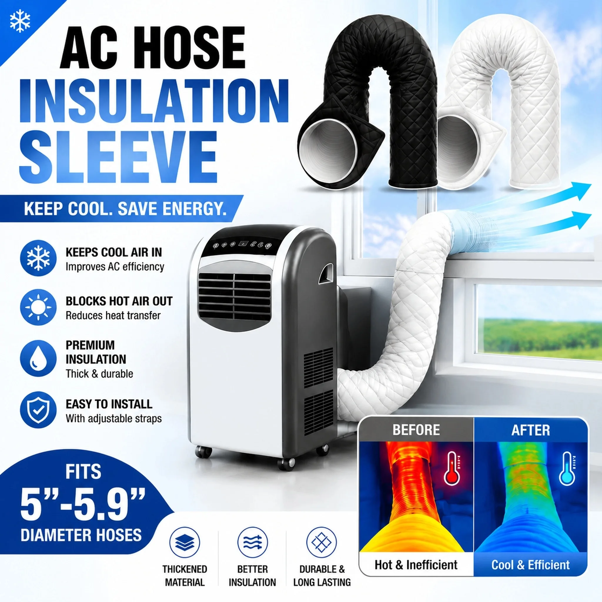 Portable Air Conditioner Hose Insulation Sleeve 5-6 Inch Exhaust Pipe Cover Thickened Quilted Thermal Jacket with Zipper