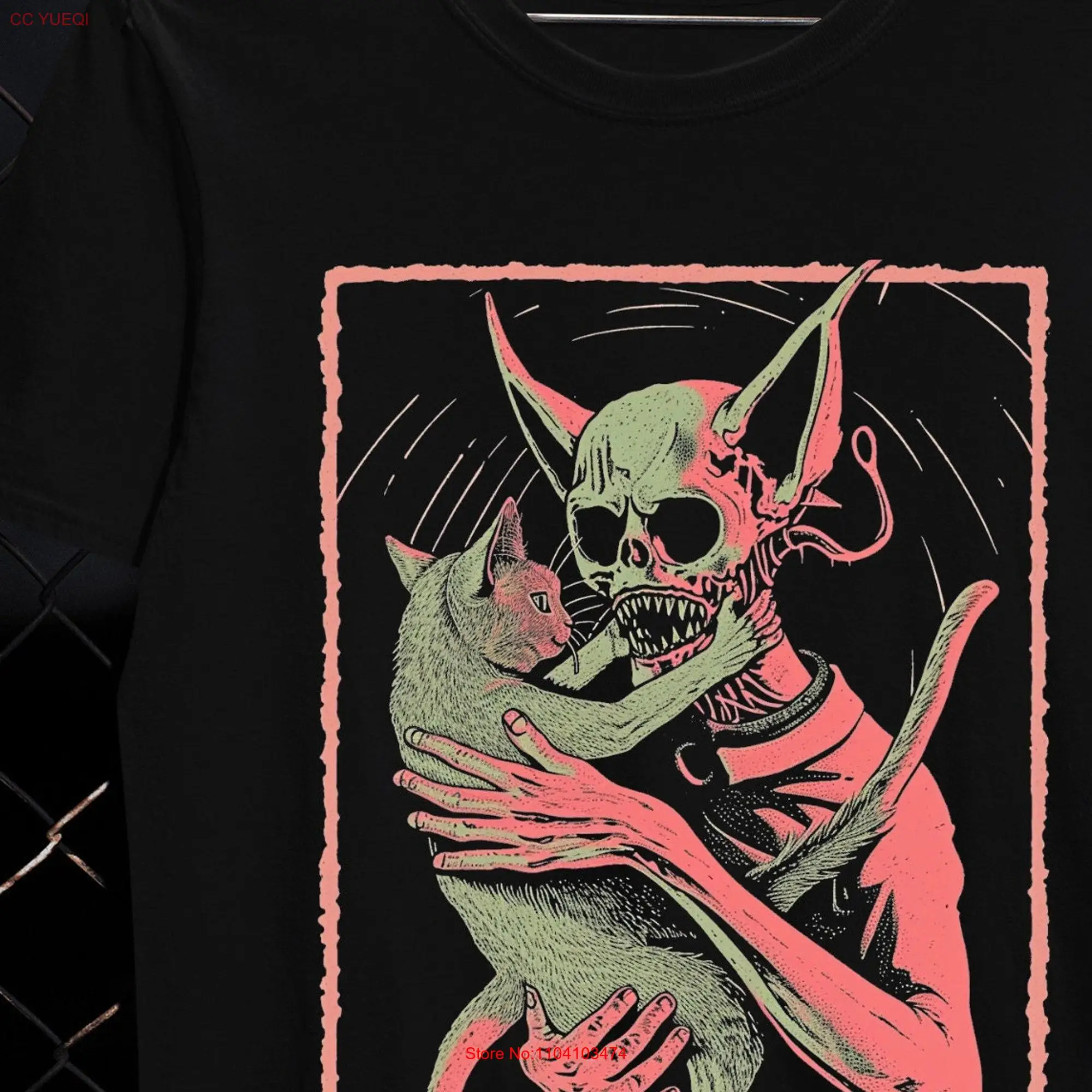 Demon Holding Cat T Shirt Weirdcore Gothic Clothes Goth Creepy Weird Y2K Clothing Trad long or short sleeves