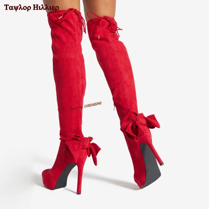 Autumn New Bowknot Suede Over-The-Knee Boots Round Toe Stiletto Water Table Side Zipper Fashion Party Sexy Elastic Women'S Boots