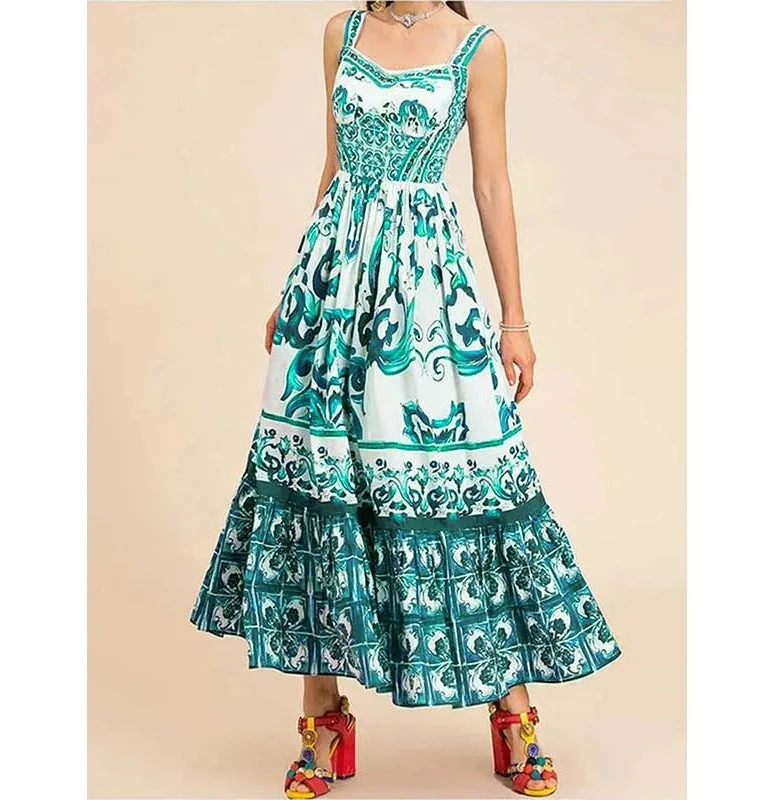 Novedad de verano, vestido sin mangas estampado a la moda para mujer, ropa de calle, vestidos plisados elegantes con cuello Halter, ropa femenina